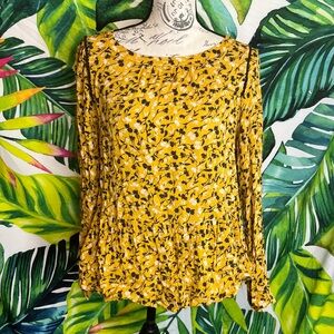 Anthro Maeve M Yellow Gold Ruffle Floral Long Sleeve Office Fall Preppy Blouse